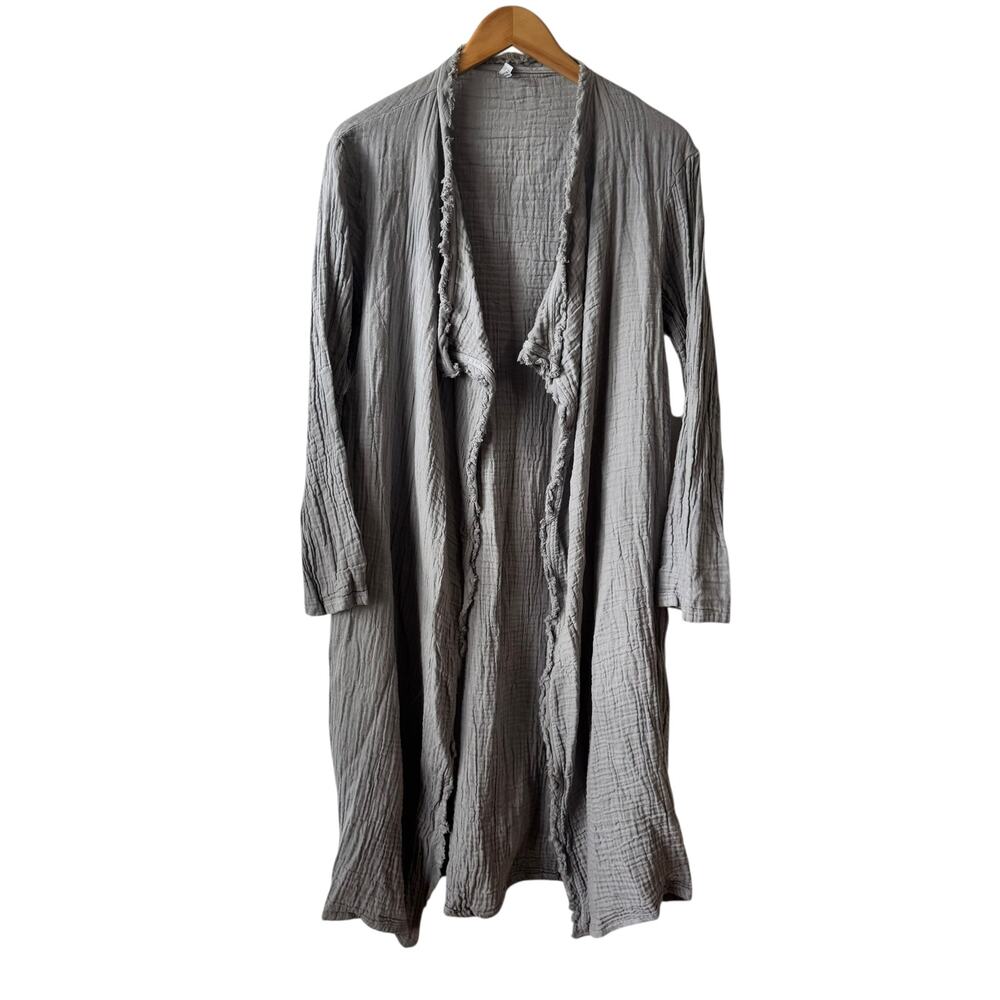 Women Long Line‎ Cotton Cardigan S/M Gray Gauzy Kimono Lagenlook Minimal Modest